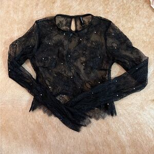 For Love and Lemons Black Lace Long Sleeve Shirt with Gems